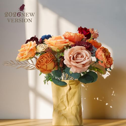 Champane and Red Artificial Flowers Combo Silk Mix Fake Flowers with Stem for DIY Wedding Arch Bridal Bouquets Baby Shower Centerpieces Party Wall Home Decorations - color: Orange&red