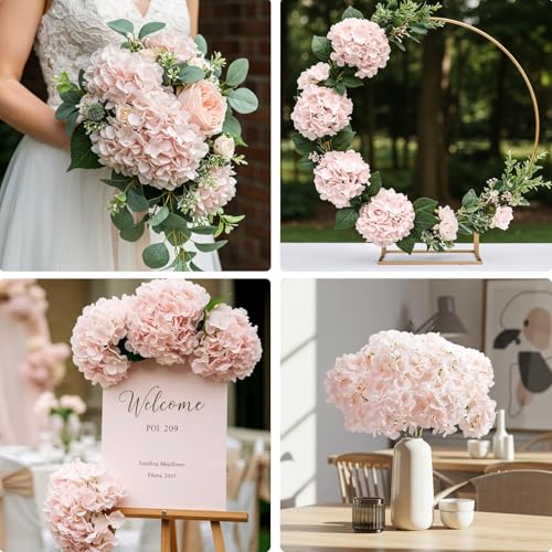 Auihiay 10PCS Hydrangea Artificial Flowers, Faux Hydrangeas Flower for Wedding Centerpieces, DIY Bouquets, Bridal Shower, Floral Decor Home Decoration with Stems (VASE NOT Included)-Light Pink - color: Light Pink