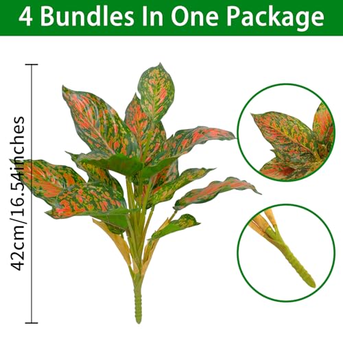 4 Pcs Artificial Hosta Plants Outdoor, 16" Fake Tropical Green Plants, UV Resistant, Realistic, Faux Green Leaf Stems for Home Offices Outside Porch Patio Balcony Garden Indoor Table Décor - color: Red, size: 4 Pcs