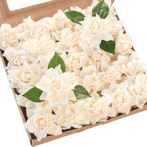 Floroom Artificial Gardenia Flowers 2.7" 25pcs Real Looking Cream Foam Fake Flowers with Stems for DIY Wedding Bouquets Bridal Shower Centerpieces Floral Arrangements Party Tables Home Decorations - color: Cream