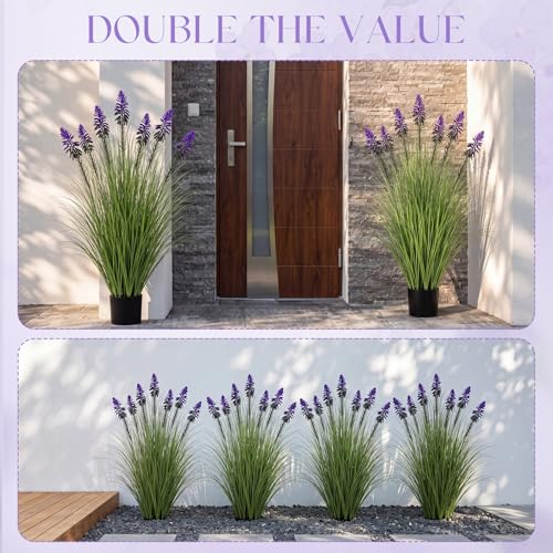 Jexine 2 Pieces 4 ft Artificial Tall Grass Plants Outdoor with Blue Cockscomb Flower Tall Artificial Grass Green Onions Plant Potted for Housewarming Gift House Garden Lobby Outdoor - color: Blue Cockscomb Flower