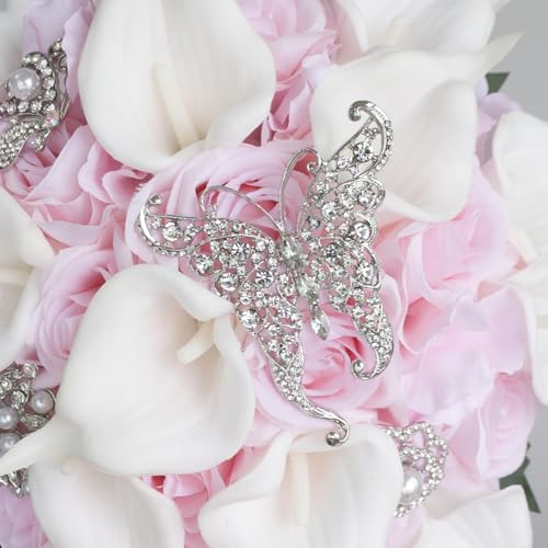 Ansuma White Calla Lily and Rose Cascading Bride Bouquet Waterfall Wedding Flower - Lily Rhinestone Jewelry Brooches and Satin Ribbon Décor (Pink) - color: Pink