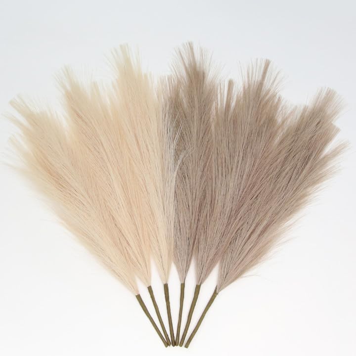 ZIFTY 42-Piece Fluffy Faux Pampas Grass Decor, 6 Hand-Bundled Packs of 7, 17" Short Artificial Pampas Grass Bulk, Boho Fake Flower Vase Filler, Home Wedding Decor, Beige & Taupe - color: Beige & Taupe, size: 17in 6pcs