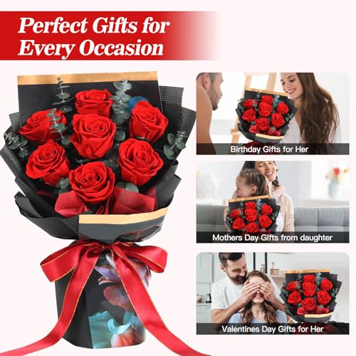 Preserved Flowers Bouquet 7 Roses, Forever Flower for Delivery Birthday Anniversary Wedding, Eternal Real Roses Bouquets with Gifts Box for Women Wife Mother Day, Red - color: Red