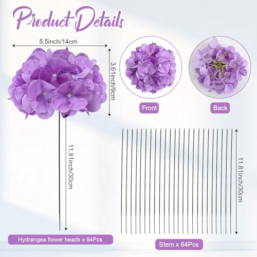 Purple Hydrangea Artificial Flowers Bulk with Stems 64 Pcs | Faux Silk Hydrangeas Flower Heads with Stems for Wedding Arch Table Centerpieces Home Garden Baby Shower Party Decoration - color: Purple