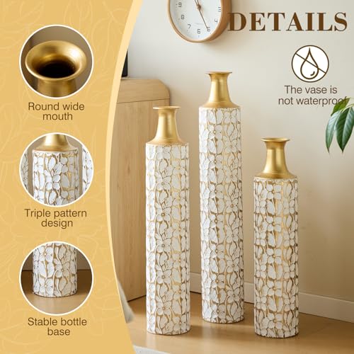 Tall Floor Vases Set of 3 for Decor Living Room Floor, Gold and White Vases Home Decor, Embossed Body Pattern, 32.3" H/28 H/24 H Geometric Cylinder (Gold 1) - color: Gold 1
