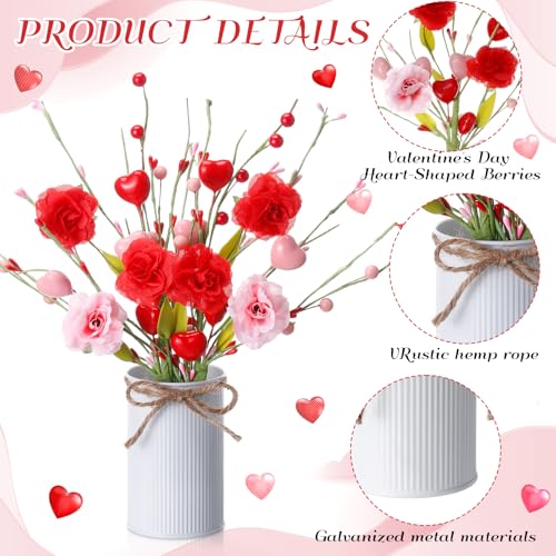 Zeyune 3 Sets Rose Berry Table Centerpiece, 6 Artificial Rose Berry Stems Picks with Metal Vase Pot, Fake Flower Arrangement for Wedding Reception, Anniversary Dinner, Mantel & Entryway Decor - color: 3 Colors, size: Rose