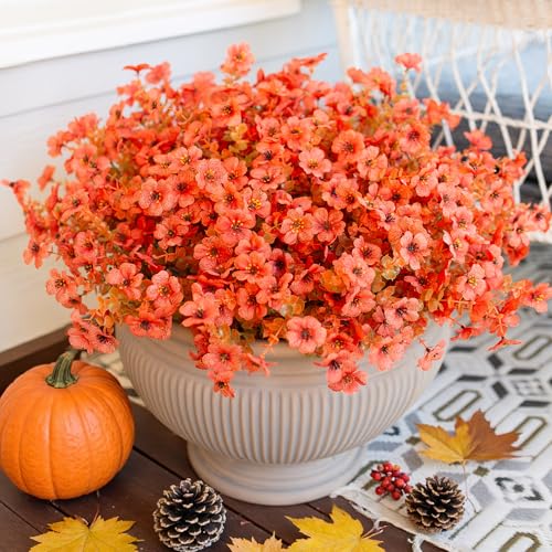 HyeFlora Artificial Fall Flowers Faux Mums for Outdoor Indoor Garden Home Decoration, Faux Flower Daisy with Eucalyptus Leaves Fake Mums Plants Greenery Boxwood Porch Patio, 12 Bundles (F Orange) - color: F Orange