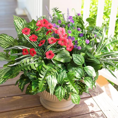 Pertivery Outdoor Faux Plants,12 Bouquets Artificial Plants UV Resistant Greenery&Flowers with Stems, for Patio Garden Front Porch Decor Fake Plants for Outside - color: Red and Green