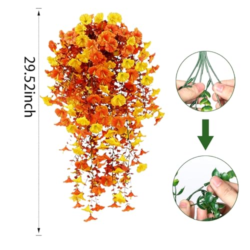 Fall Hanging Flowers Artificial Hanging Morning Glory Flowers for Outdoors for Outside,Garden,Home Decor,Wedding Events,Patio,Porch,Yard(Fall,2 Bunches/4Pcs) - color: Yellow& Orange, size: 2 Bunches/ 4Pcs