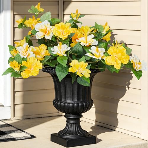 INXUGAO Artificial Flowers for Outdoors Indoors,2 Bunches Fake Hibiscus with Realistic UV Resistant Silk Flower Fabric Leaves,Faux Plants Outside for Home Patio Garden Yard Poch Decor(Yellow,White) - color: Hibiscus S-yellow & White