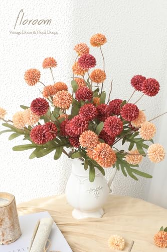Floroom 9pcs Dark Red Burnt Orange Mix Faux Silk Mums Artificial Flowers, Bulk Fake Small Mini Chrysanthemums with Stems for DIY Wedding Centerpieces Floral Arrangements Vase Fillers Home Decorations - color: Warm Glow Red, size: 9pcs