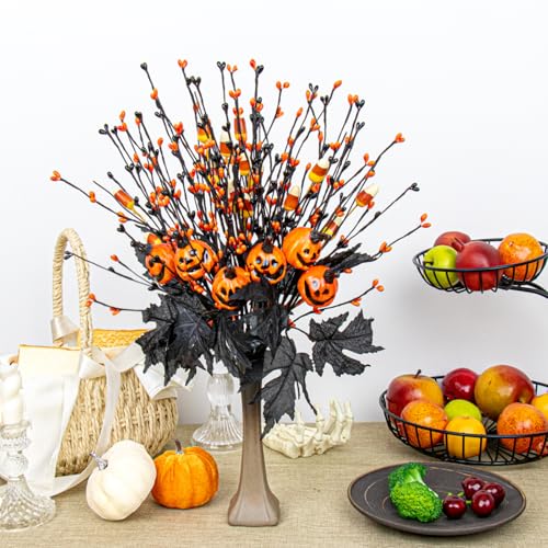 12 PCs Gothic Halloween Flowers Artificial Orange Black Stems Spooky Halloween Floral Picks with Candies Corn Smiling Pumpkins for Vase Floral Arrangements Table Centerpieces Decorations