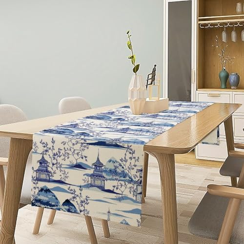Vintage Ink Table Runner, Beautiful Chinese Pagodas Mountains Trees Chinoiserie Table Runner for Home Kitchen Dining Cafe Party Holiday 13x36in - color: Aisa-11, size: 13x36in