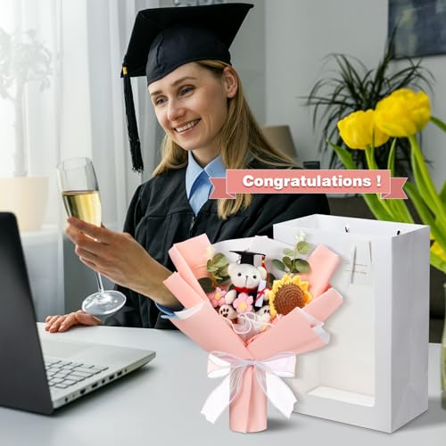 Graduation Crochet Flower Bouquet Set Includes Stuffed Bear Knitted Sunflower Daisy Eucalyptus Greeting Card Gift Bag 2026 Pink Flower Bouquet Graduation Gift - color: Pink, style: Stuffed Bear and Sunflowers