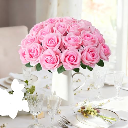 50Pcs Pink Roses Artificial Flowers with Stems，Fake Roses Bouquet Fake Flowers Bulk，Silk Velvet Roses for Wedding Centerpieces Arrangement Baby Shower Birthday Home Decor Gifts - color: Pink, size: 50