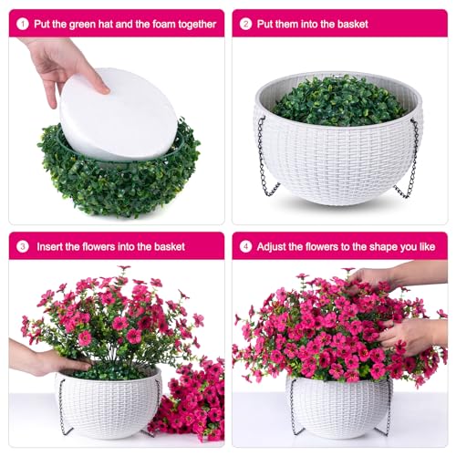 HyeFlora Artificial Faux Hanging Flowers Plants Basket for Outdoor Outside Porch Spring Decoration, Fake Silk Hotpink Daisy UV Resistant Look Real in Planter for Home Patio Balcony Garden - color: Rose Red