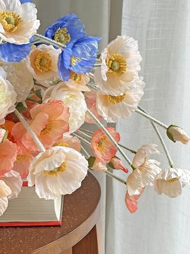 Set of 6 Poppies Flowers Artificial Silk Flowers with Long Stems Faux Wildflowers Bouquet for Vases Oil Pastel Style for Wedding Party Indoor Home Office Decor (Champagne) - color: Champagne
