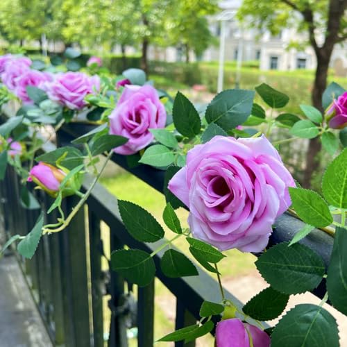 5.9FT Bendable Rose Flower Garlands, Artificial Silk Wild Roses Vine Hanging Flowers for Wall Fireplace Fence Trellis Wedding Baby Shower Home Spring Decor(Purple,2PC) - color: Purple, size: 2