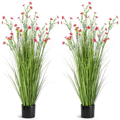 Jexine 2 Pack 4ft/47inch Artificial Grass Plant Outdoor Artificial Greenery Grass in Pot with Fake Fuchsia Flowers for Spring Room Office Indoor Outdoor Decor Housewarming Gifts - color: Red Fuchsia, size: 4ft