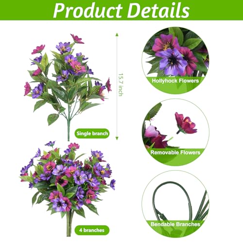 Hrobek Fake Artificial Flowers for Outdoors Decoration,4 Bundles Silk Faux Spring Flowers with Plants Leave UV Resistant for Planter Front Door Porch Yard Patio Window Box Home Indoor Decor - color: Purple,purple Red