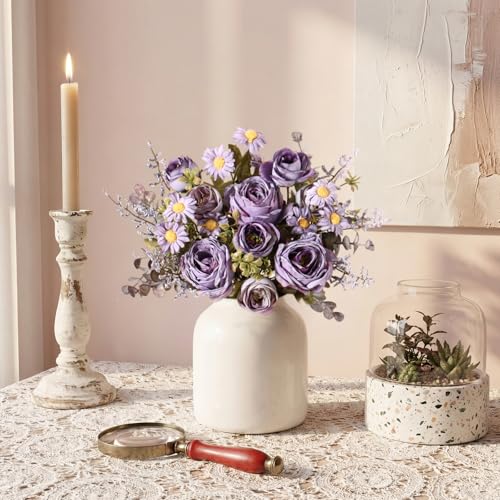 Fake Roses Artificial Flowers 3 PCS Purple Roses Artificial Flowers for Decoration Vintage Roses Silk Mini Rose with Daisy Floral Bouquet for Vase Centerpiece Table Wedding Party Bridal Decor - color: Purple, size: 3PCS