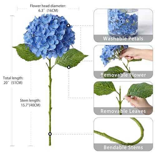 ZYTUYO 4 Pcs Royal Blue 20 inches Real Touch Hydrangea Artificial Flowers Boho Lifelike Real Looking Latex Hydrangeas Flower with Long Stem for Indoor Living Room Spring Home Decor Table Flower - color: Royal Blue