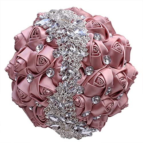 XINNI Brooch Bridal Wedding Bouquet Bride Bridesmaids Satin Rose Flower Bouquet with Meteor Shower Shape Rhinestone for Wedding Dusty Pink - color: Dusty Pink