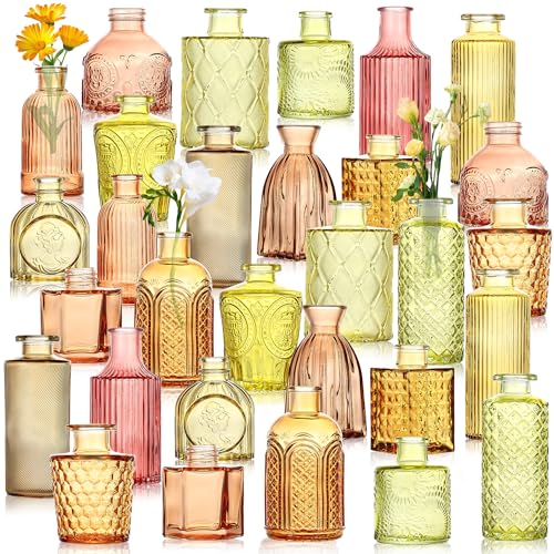 30Pcs Colored Glass Bud Vases, Wedding Table Decor, Bulk Housewarming Gift | Colored bud vases in bulk, Rustic embossed,Vintage-styled glass vases for centerpieces,15 unique vintage styles(2 per design) - color: Orange Yellow Series