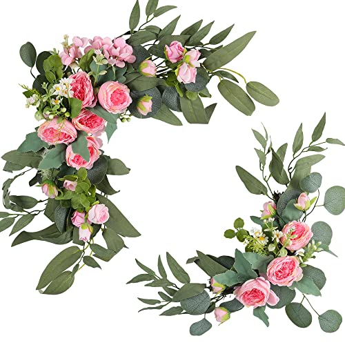 H&W 2pcs Small Size Artificial Wedding Arch Flowers for Wedding Sign, Floral Swag Dusty Decor for Reception Ceremony Backdrop Sweetheart Table(Willow Leaves-Peony-Pink) - color: Willow Leaves-peony-pink
