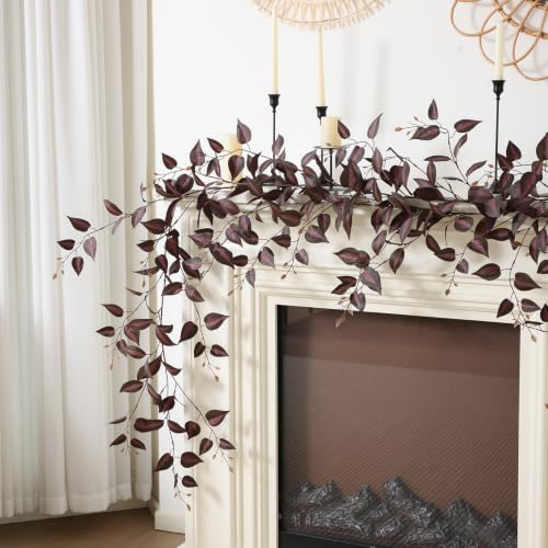 Mizii 2 Strands Artificial Vines Garland 72" Fake Vine with Silk Burgundy Leaves Faux Hanging Plants Greenery Decoration for Outdoors Indoor Room Mantle Table Centerpieces Fall Decor (Burgundy) - color: Burgundy