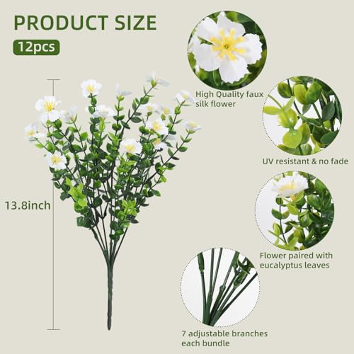 SJL Artificial Spring Flowers, 12 Bundles No Maintenance Faux Flowers for Outdoor Planters, Fake Greenery Durable Faux Floral Bundle for Porch Living Room Office Garden Ornament(White) - color: Bundle White-flower