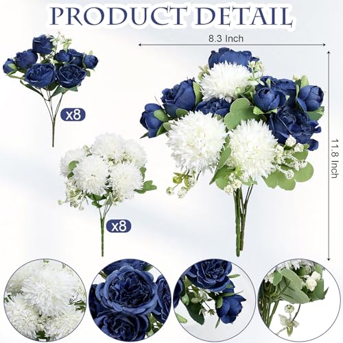 16 Bundles Artificial Flowers Peonies Bulk, Navy Blue Silk Fake Flower for DIY Bouquet Faux Peony Floral Arrangements for Vase Centerpiece Home Wedding Party Centerpiece - color: Navy Blue & White