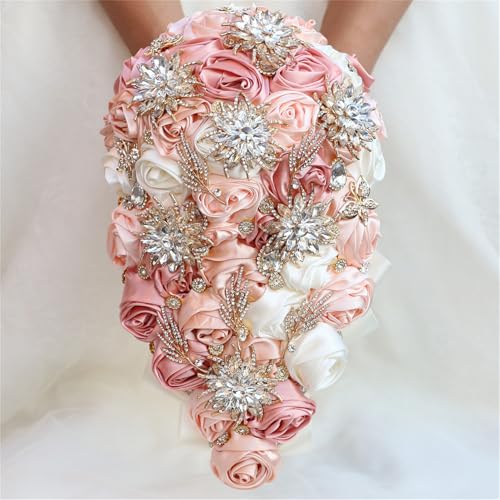 Handmade Satin Rose Water Drop Bridal Bouquet,8.7inch Crystal Wedding Round Tossing Bouquet,Jewelry Proposal Bridesmaid Bouquet Groom Corsage Bride Wrist Flower Ivory (Champagne Pink) - color: Champagne Pink