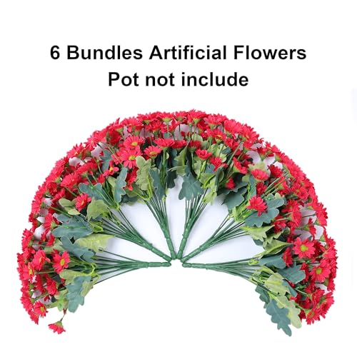 Daisy Artificial Flowers for Outdoors Decoration, 6 Bundles Fake Plants Flowers Bouquet Faux Flowers for Outdoor Planter Look Real UV Resistant Silk Flowers for Outside Front Door Porch Patio, HotPink - color: Hotpink