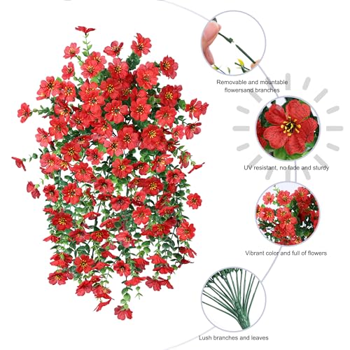 HyeFlora Artificial Hanging Flowers for Outdoors Decoration, 2Pcs Red Fake Spring Summer Decor, Realistic Plants, UV & Fading Resistant Flower for Porch Patio Balcony Planter Yard Home Garland - color: Red