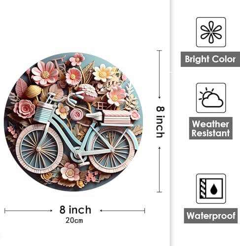 Rustic Metal Tin Sign Bicycle Bike Art Flower Wreath Welcome Door Hanging, Round 8x8 Inch (Bike) for Home, Garden, Kitchen, Bar, Cafe, Restaurant, Garage Wall Decor, Retro, Vintage - color: Bike