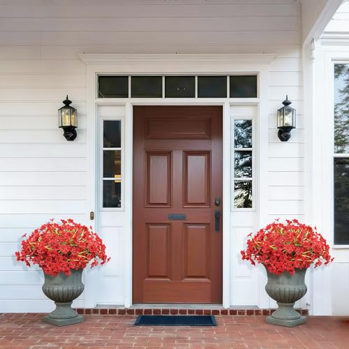20 Bundles Artificial Flowers for Outdoors, UV Resistant Fake Flowers with Plastic Plants, Faux Silk Flowers for Planter outdoors, Fake realistic flowers For Window Box Front Porch Patio Decor-Red - color: Red