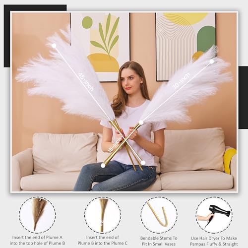 7 Pcs 45" Faux Pampas Grass – Fluffy Artificial Pompous Grass for Tall Floor Vase, Non-Shedding Home Decor, Boho Wedding Flowers, Baby Shower Centerpieces, Bedroom & Living Room Decor (White) - color: White