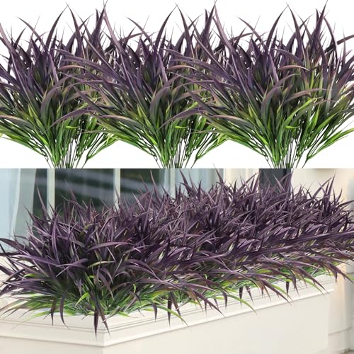 Ouddy Decor 16 Bundles Artificial Plants Outdoor Fake Grass Greenery Stems UV Resistant Faux Plastic Plants Shrubs for Spring Summer Garden Pathway Window Box Farmhouse Front Porch Home Decor, Purple - color: Purple