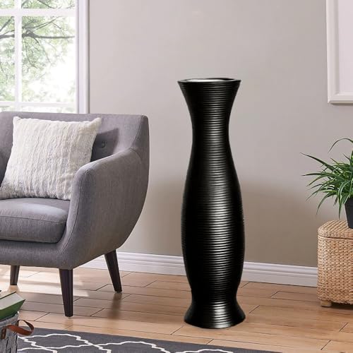 Tall Black Floor Vase 30 inches, Handmade Modern Large Ceramic Vases for Home Decor Living Room, Horizontal Stripes Decorative Vases Wide Mouth Opening Corner Vase for Pampas Grass, Hallway - color: Black Stripe Pattern
