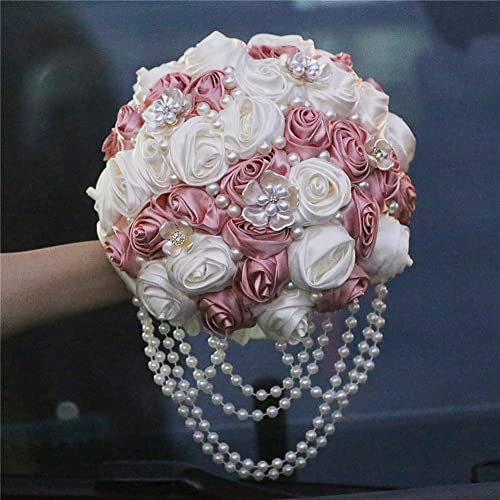 Pink Wedding Bouquet with Brooch Pearl String Cascade Bouquet for Bride Bridesmaid Quinceanera Artificial Satin Rose Flower Bridal Bouquet Wedding Blush Pink and Ivory 7.5in - color: Blush Pink & Ivory, size: Medium (DIA. 7.5"/19cm)