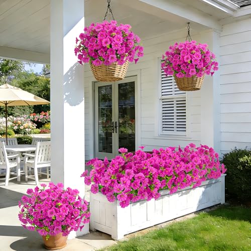 Roberly 12 Bundles Artificial Flowers for Outdoors, Fake Flowers Silk Morning Glory with Eucalyptus UV Resistant Faux Plants for Spring Summer Garden Outside Porch Patio Yard Home Decor, Rose Red - color: Rose Red