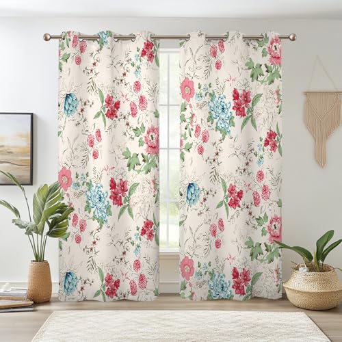 Renaiss Boho Flower Blackout Curtains Wild Blue Pink Floral Thermal Insulated Window Drapes for Bedroom 29W x 45L inches 2 Panel Set Beige Window Curtain Panels for Kitchen - color: Floral & Leaf, size: 29"W x 45"L (Pack of 2)