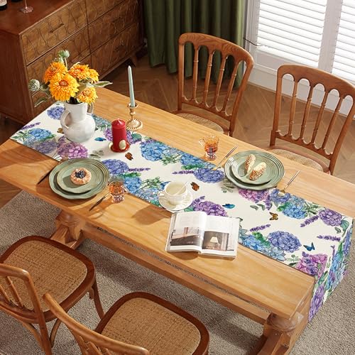 Spring Hydrangea Floral Table Runner Farmhouse Burlap Butterfly Flowers Seasonal Outdoor Summer Home Dining Centerpiece for Home Decor 13x72 Inch - color: Hydrangea, size: 13x72inch