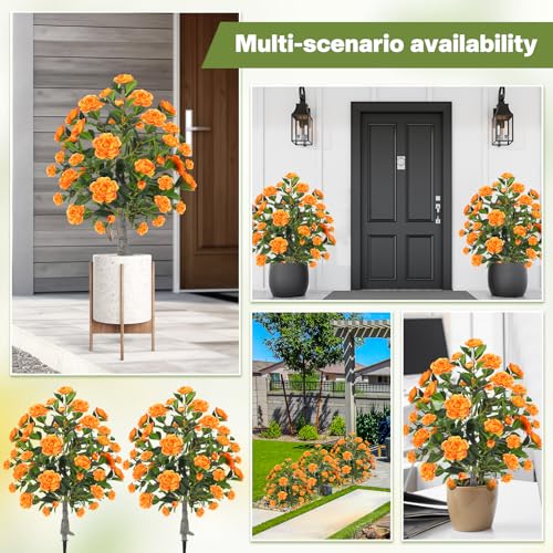 Lunmon 2 Pack 3ft Artificial Camellia Plants Tree 36" Faux Camellia Flower with Spike UV Resistant Realistic Fake Floral Blooming Bush for Indoor Outdoor Front Door Porch Backyard Garden, Orange - color: Orange, size: 3 ft