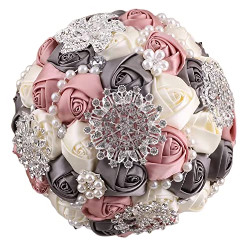 Sharebeauty 7.9 Inch Handmade Satin Rose Bridal Bouquet Toss Round Wedding Bouquet Throw Toss Artificial Flower Bunch Shimmering Blush Pink + Dark Grey + Ivory - color: W3217d06 Shimmering Blush/Dark Grey/Ivory
