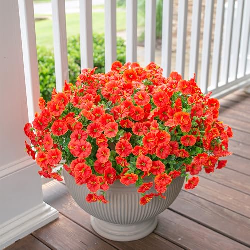 Artificial Flowers for Outdoors Fake Plants Spring Summer Decor, 12 Bundles Orange Silk Morning Glory with Eucalyptus Look Real UV Resistant Faux Flowers for Outside Planters Front Door Yard Indoor - color: Orange