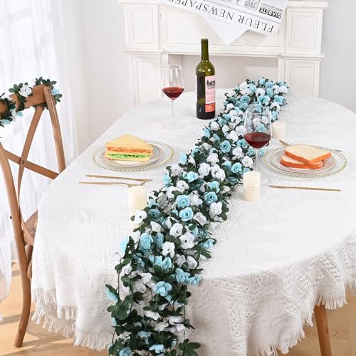MARTINE MALL Flower Garland - 5 Strands 41Ft Rose Vines for Bedroom Decor, Blue and White Rose Floral Garland for Room Birthday Wedding Party Garden Wall Decor - color: Blue and White, size: 5 Packs