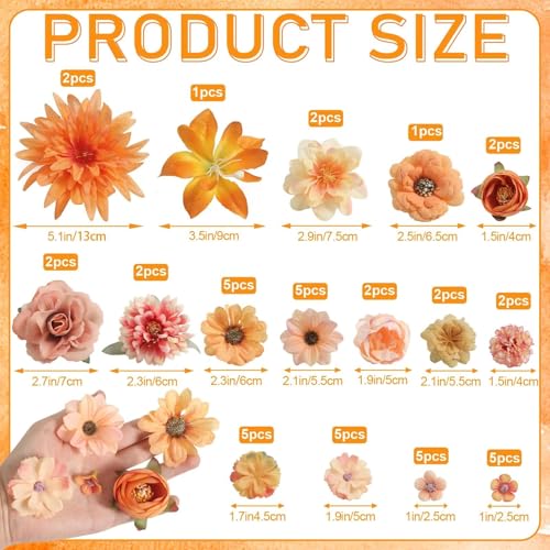 Fall Artificial Flower Heads Combo - 48pcs Orange Silk Flowers Bulk Faux Rose for Wedding Decor, Bridal Bouquets, Graduation Parties, Cake Toppers & Home DIY Crafts - color: Orange 1